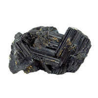 A black mineral specimen on a white background