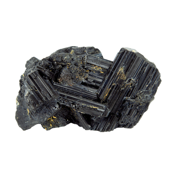 A black mineral specimen on a white background