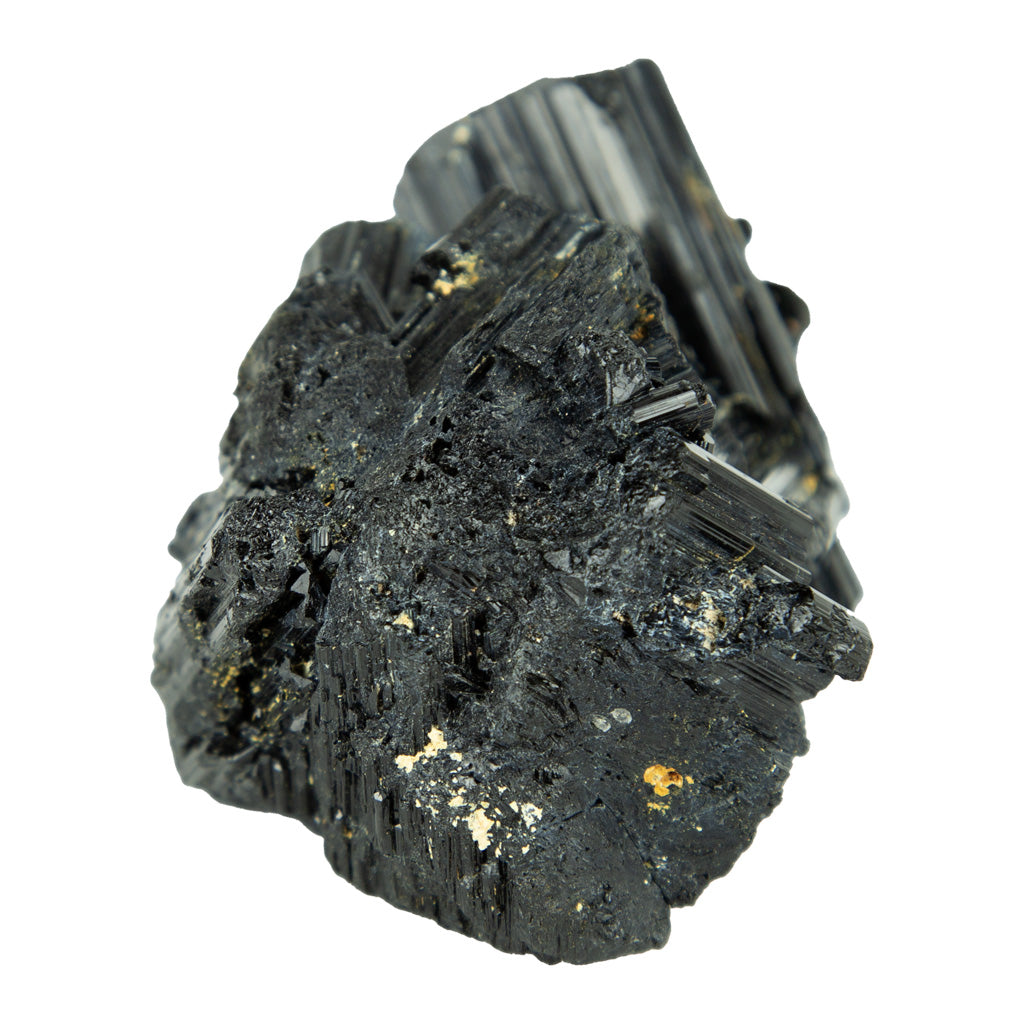 Black mineral specimen with crystal structure on a white background