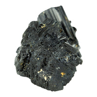 Black mineral specimen with crystal structure on a white background