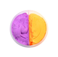 Two colored putties, one purple and one orange, in a clear container on a white background.