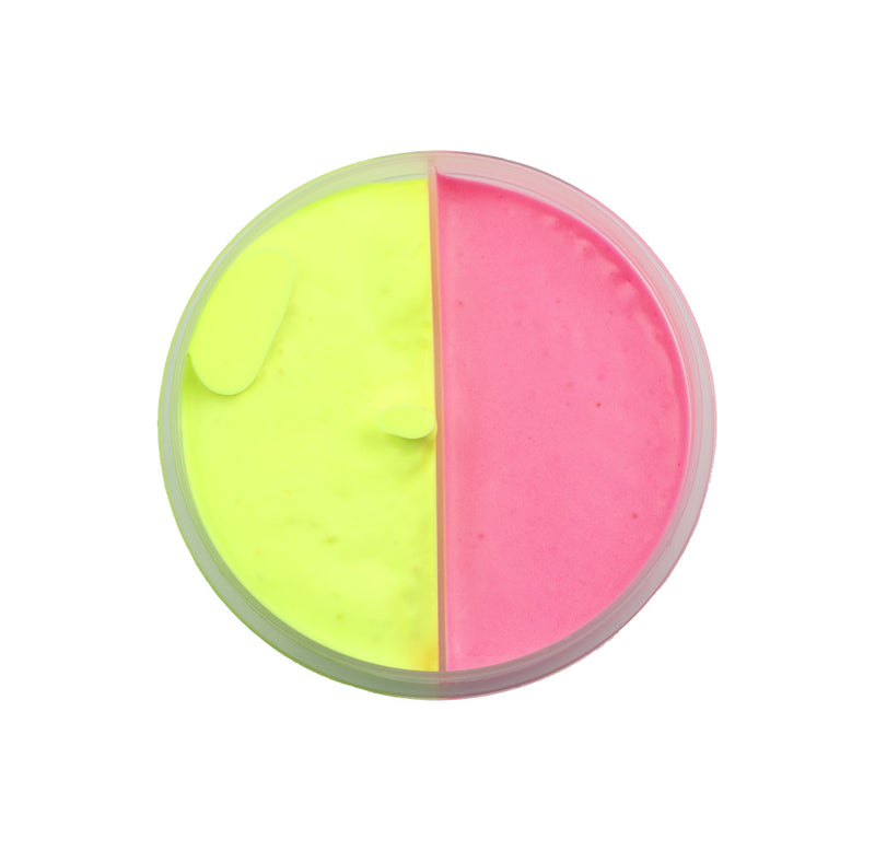 Round container with yellow and pink putty on a white background