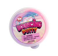 Bouncing putty container with colorful design and warning label on a white background