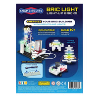 Packaging of Snap Circuits Bric Light Light-Up Bricks with product images and text on a blue background.