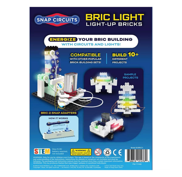 Packaging of Snap Circuits Bric Light Light-Up Bricks with product images and text on a blue background.