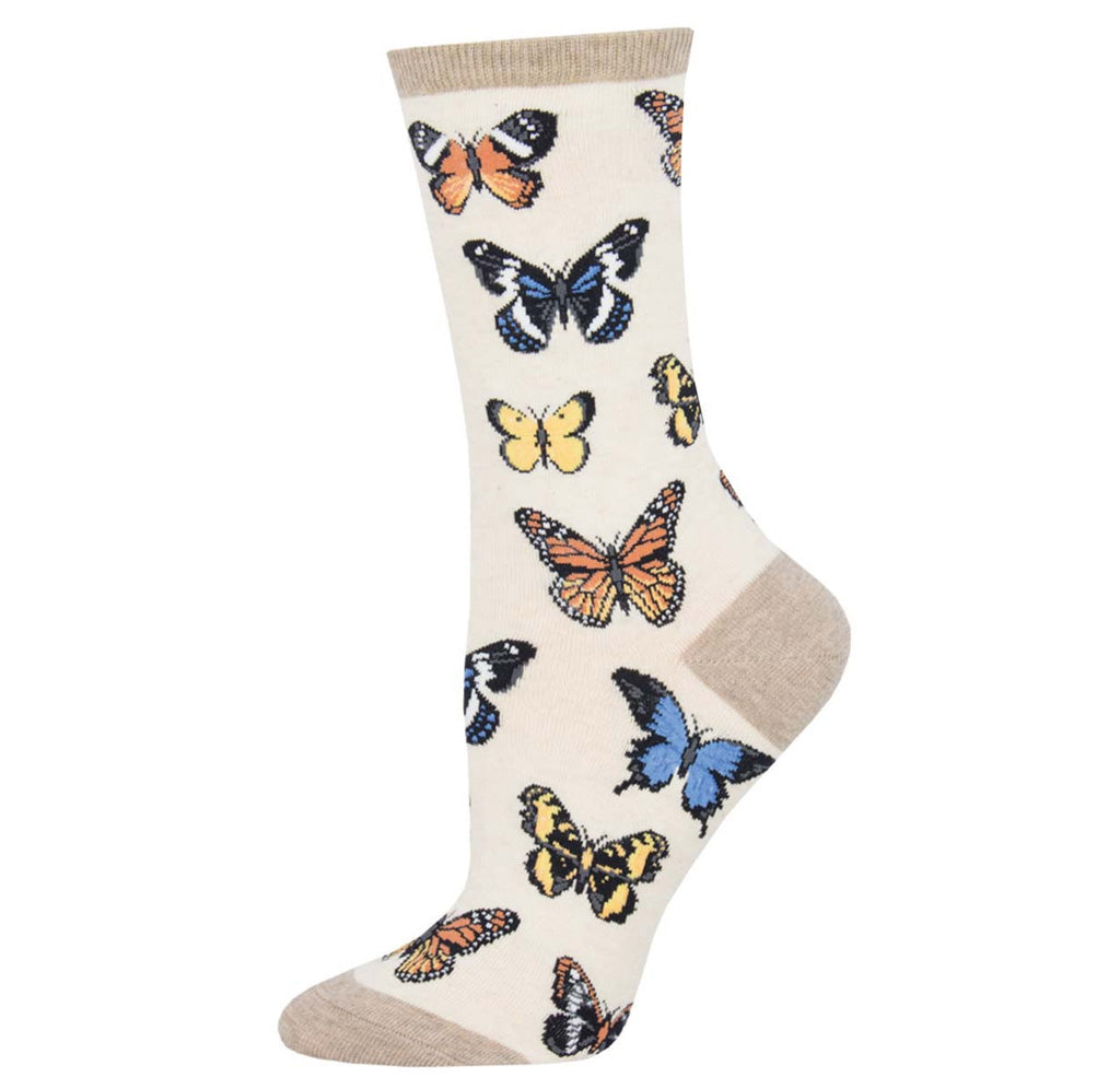 Tan heather sock with assorted butterflies printed all over the sock. 