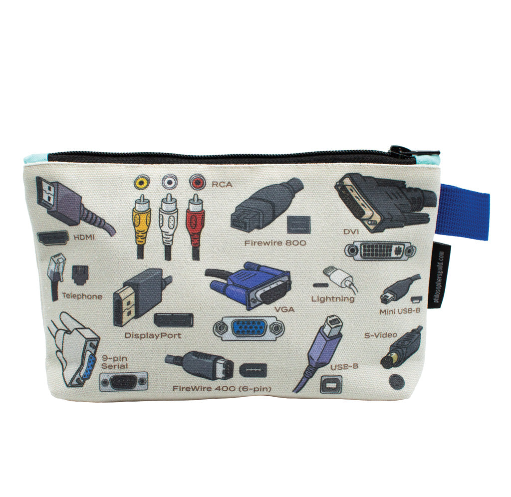 A canvas zipper pouch with images of various cables and ports on it. 