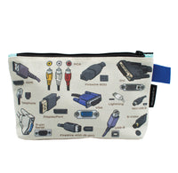 A canvas zipper pouch with images of various cables and ports on it. 