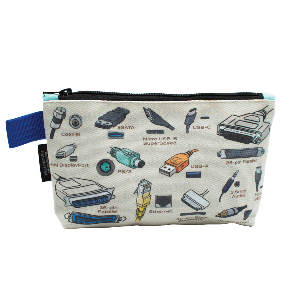 A canvas zipper pouch with images of various cables and ports on it. 