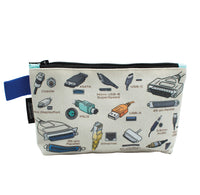 A canvas zipper pouch with images of various cables and ports on it. 
