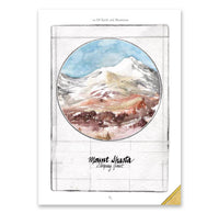 Watercolor illustration of a mountain and trees underneath. 