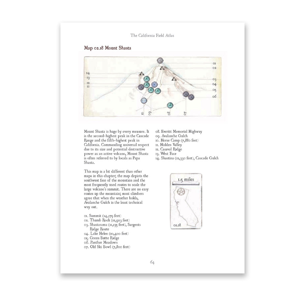 Illustration of Mount Shasta pointing out different areas of interest. Below is information about the map. 