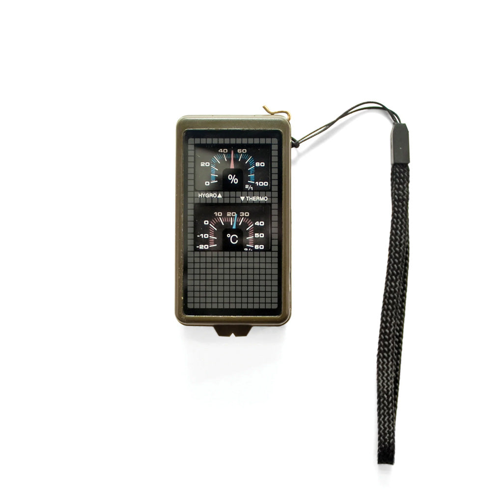 A rectangular box with meters on the front measuring two different things. There is a black strap attached  to the tool.