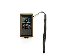 A rectangular box with meters on the front measuring two different things. There is a black strap attached  to the tool.