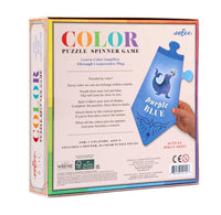 Color puzzle spinner game packaging with colorful text and illustrations