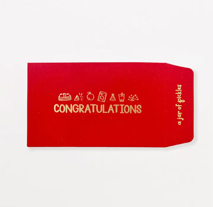 Red envelope with 'Congratulations' text and icons on a white background