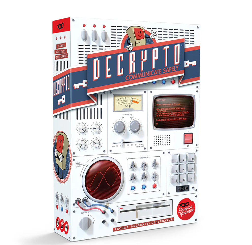 Decrypto game box with retro design elements on a white background