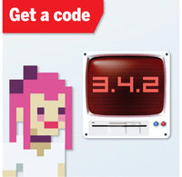 Digital art with a character and screen on a light blue background, featuring text 'Get a code'.