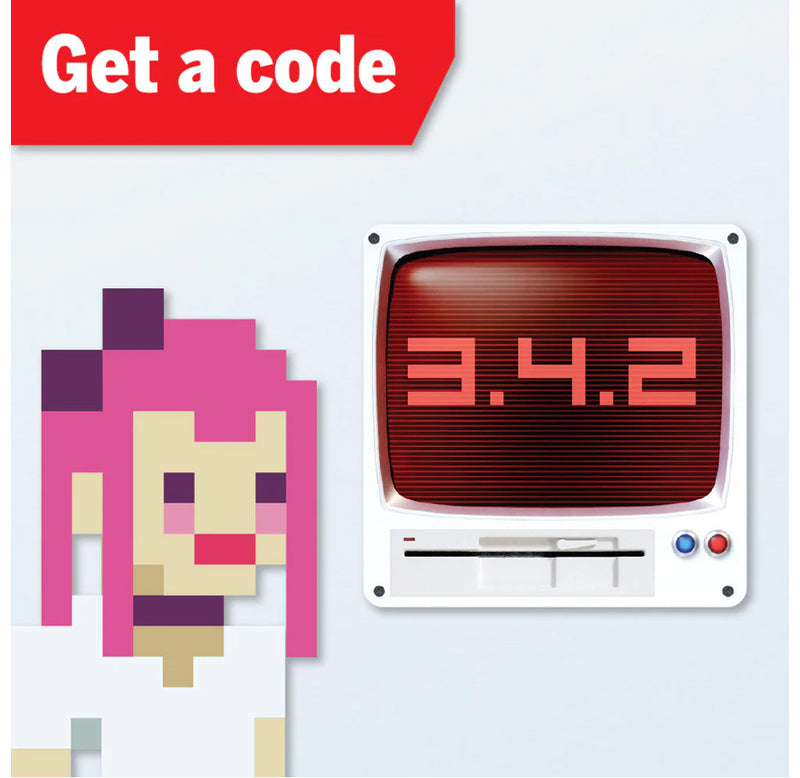 Digital art with a character and screen on a light blue background, featuring text 'Get a code'.