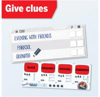 Game board with text and icons on a light blue background