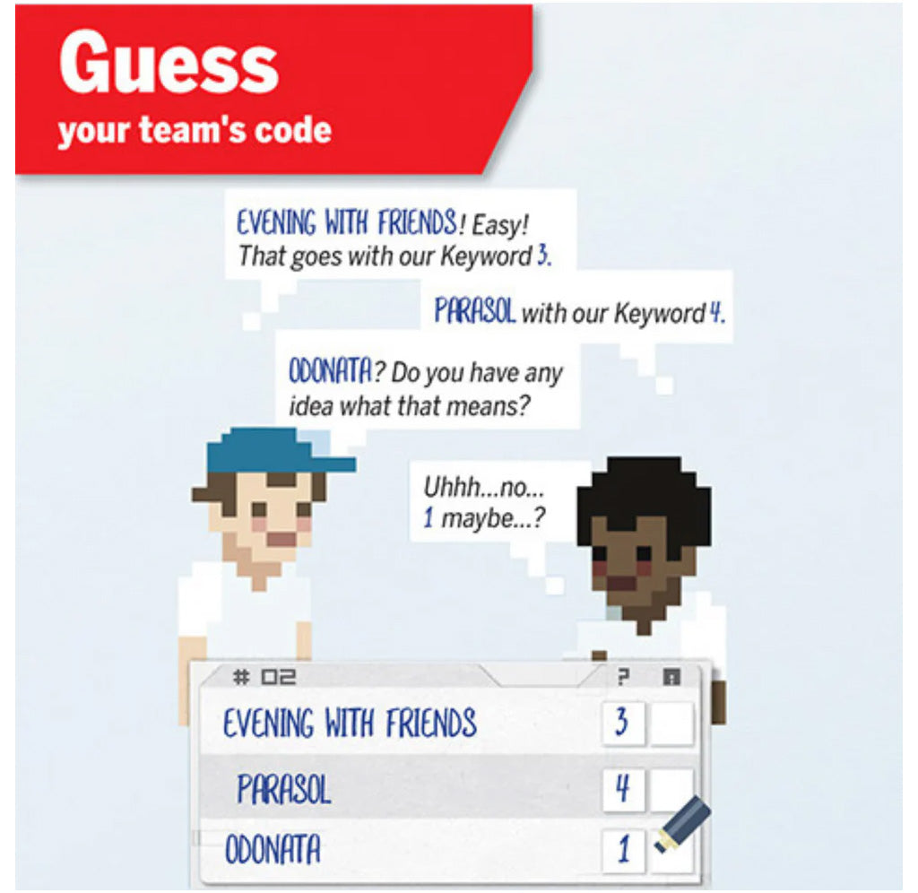 Game-like interface with two pixelated characters and text prompts for guessing a team's code.