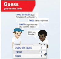 Game-like interface with two pixelated characters and text prompts for guessing a team's code.