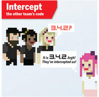 Pixel art characters with text about intercepting code, on a light blue background.