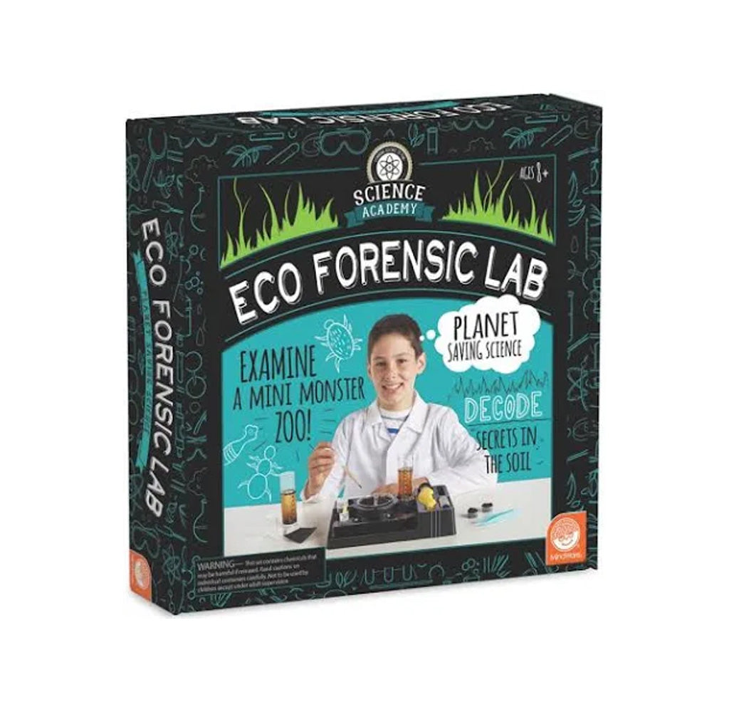 A black box with an image of a kid holding a pipette. There is a kit with various scientific instruments on a table in front of the kid. 