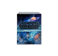 A dark blue box with image depicting Saturn in the sky and a view of the ocean  and aquatic creatures in the lower half. 