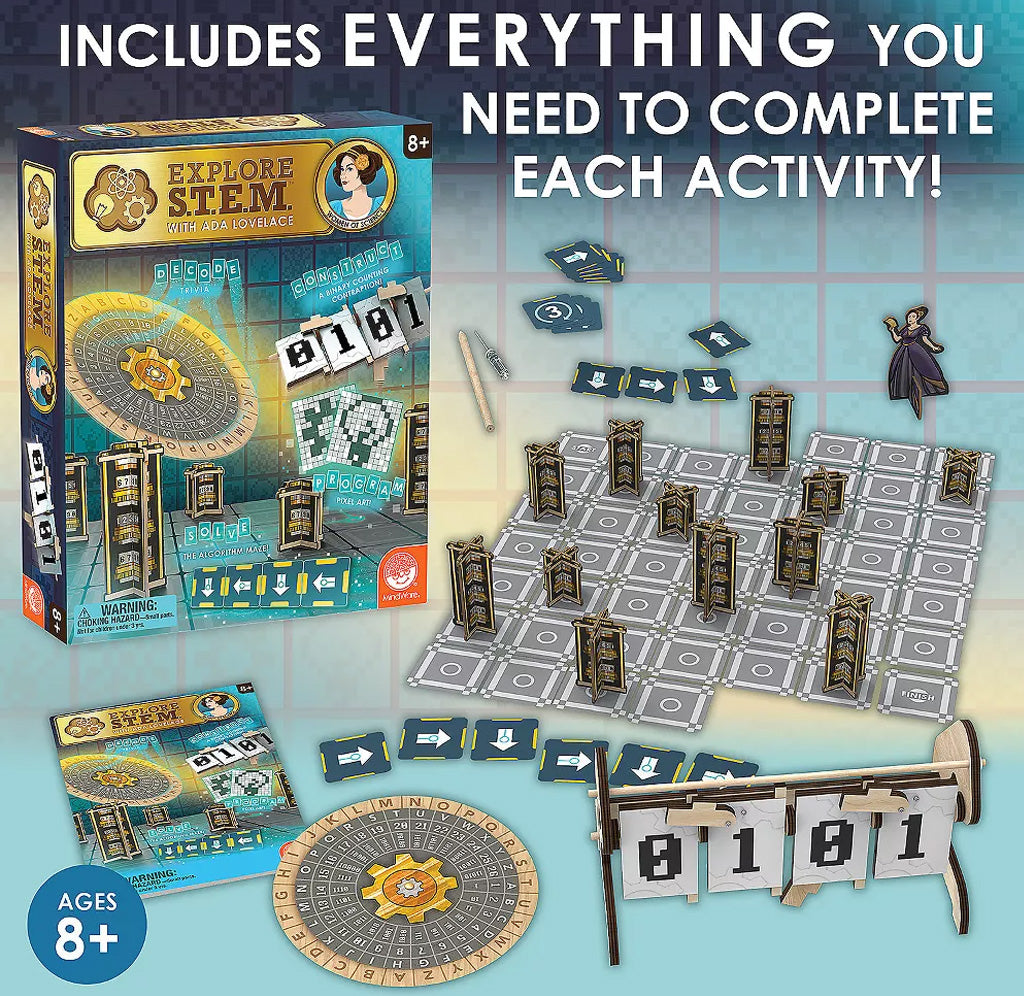 The product box is displayed with a puzzle, cards with arrows, a wheel with letters, and four number signs. 