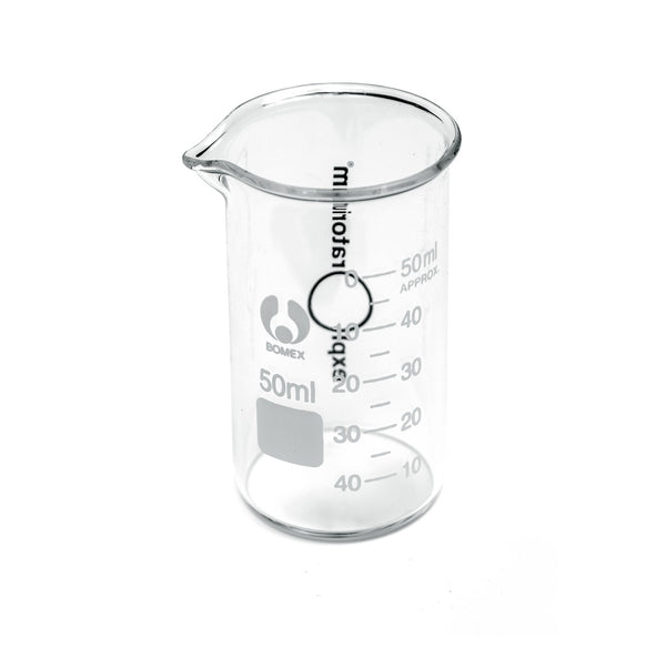 A glass beaker with measurements up to 50 milliliters. 