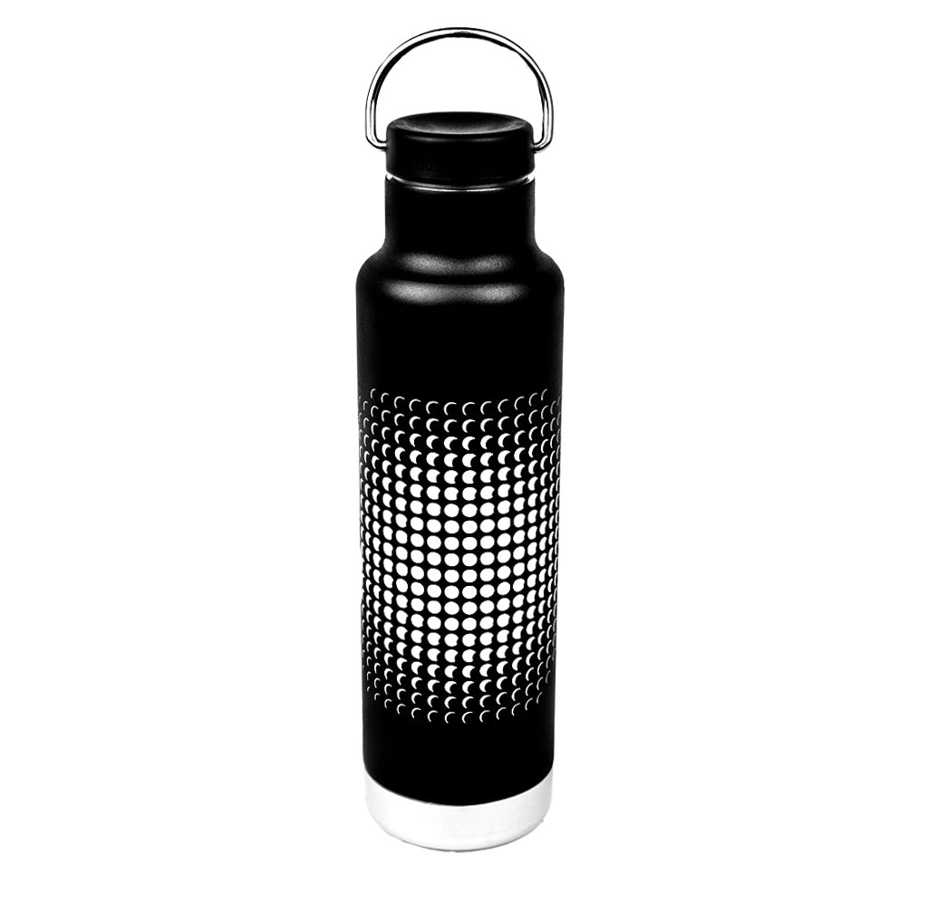 Black water bottle with a white pattern on a white background