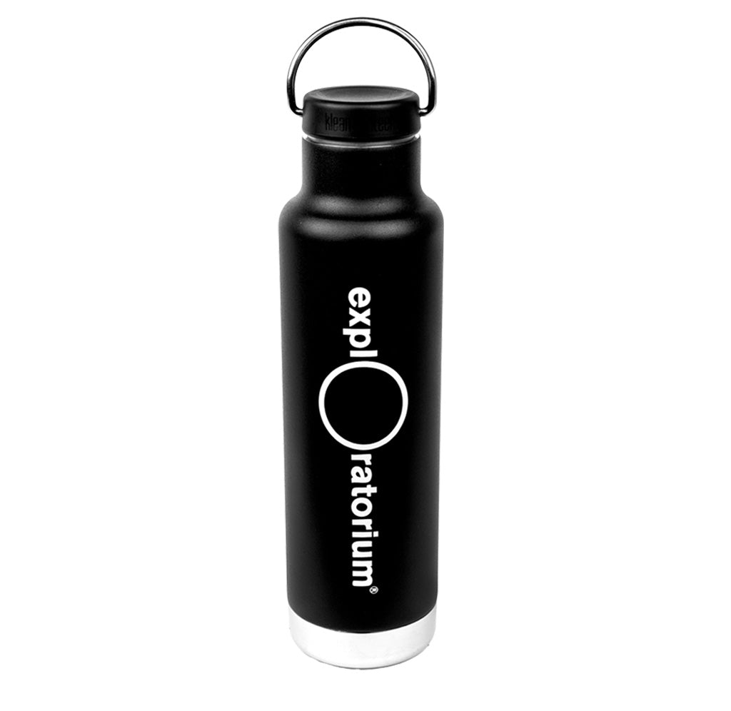 Black water bottle with 'exploratorium' logo on a white background