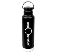 Black water bottle with 'exploratorium' logo on a white background