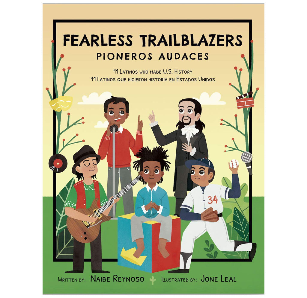 Front cover of the book features five illustrations of notable people featured in this book. The title is on the top and written in both english and spanish. 