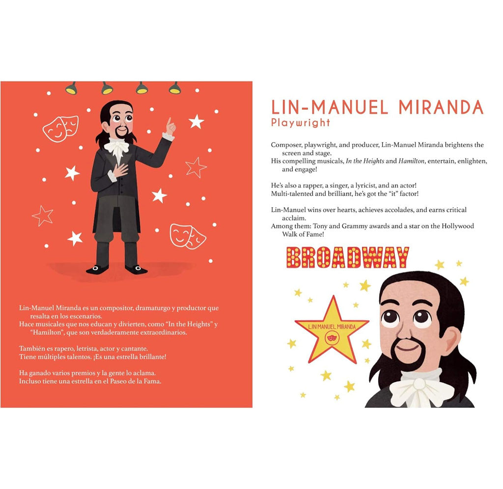 An open page of the book featuring Lin-Manuel Miranda. The left page features an illustration of Lin and a description written in Spanish. The right page has a closeup of him and the description written in english. 