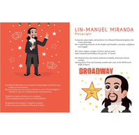An open page of the book featuring Lin-Manuel Miranda. The left page features an illustration of Lin and a description written in Spanish. The right page has a closeup of him and the description written in english. 