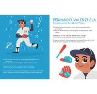 An open page of the book featuring Fernando Valenzuela. The left page has an illustration of him throwing a ball and a description of him written in Spanish. The right page has a closeup illustration of him and the description written in English. 