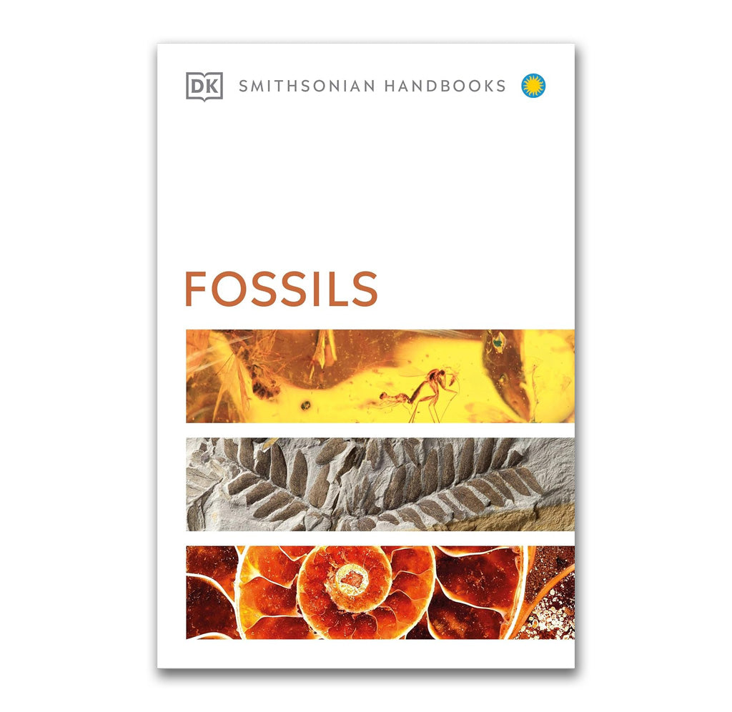 A white book cover with three color photographs of different fossils. 