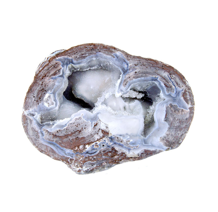 A rock split in half with white and blue crystals inside.