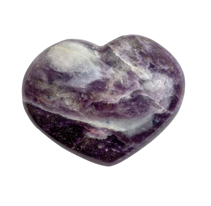 A purple marbled heart shaped mineral on a white background.