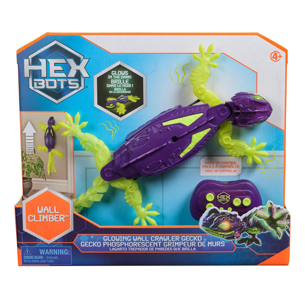 Hex Bots Wall Climber toy packaging with green and purple gecko-like figure on a white background