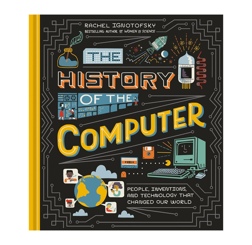 A book with a black background with a yellow spine. Illustrations of a rocket, computers, technology, and a globe are on the front. 