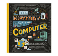 A book with a black background with a yellow spine. Illustrations of a rocket, computers, technology, and a globe are on the front. 