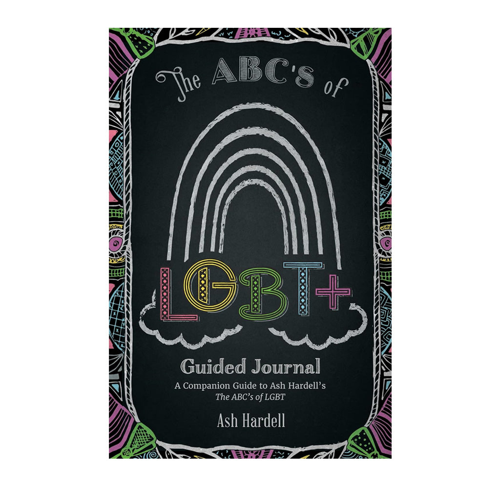 Black front cover with a chalkboard appearance; a rainbow is drawn in white chalk around the LGBT+ title. The border is adorned with decorative drawings. 