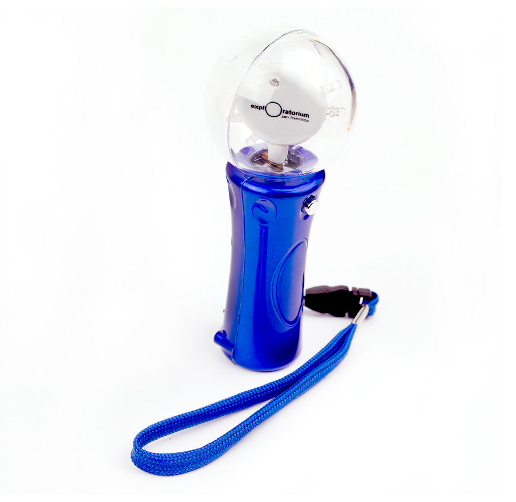 Blue flashlight-like toy with the Exploratorium logo on a white background