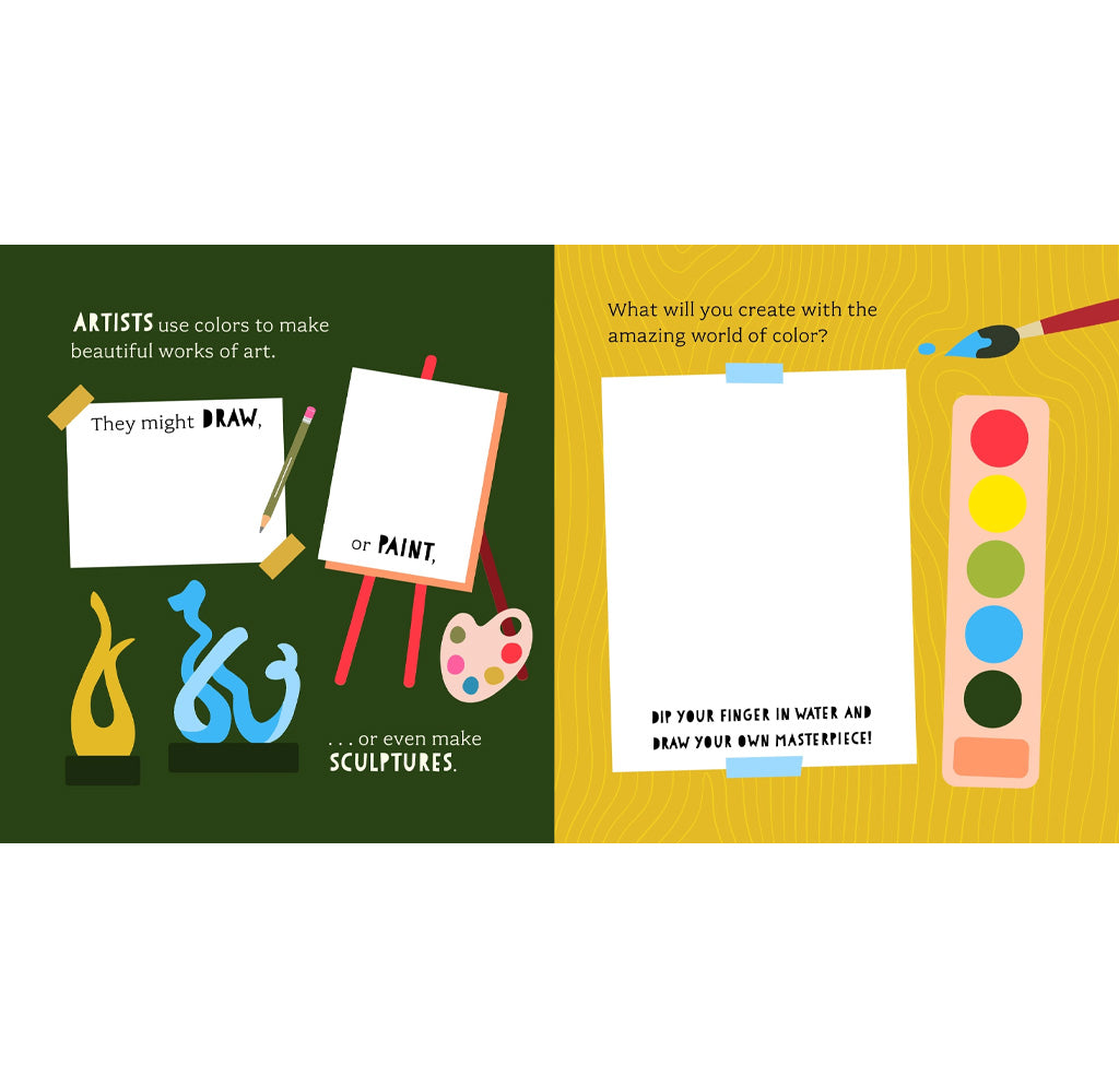 Illustrated book page about art creation with drawing, painting, and sculpture.