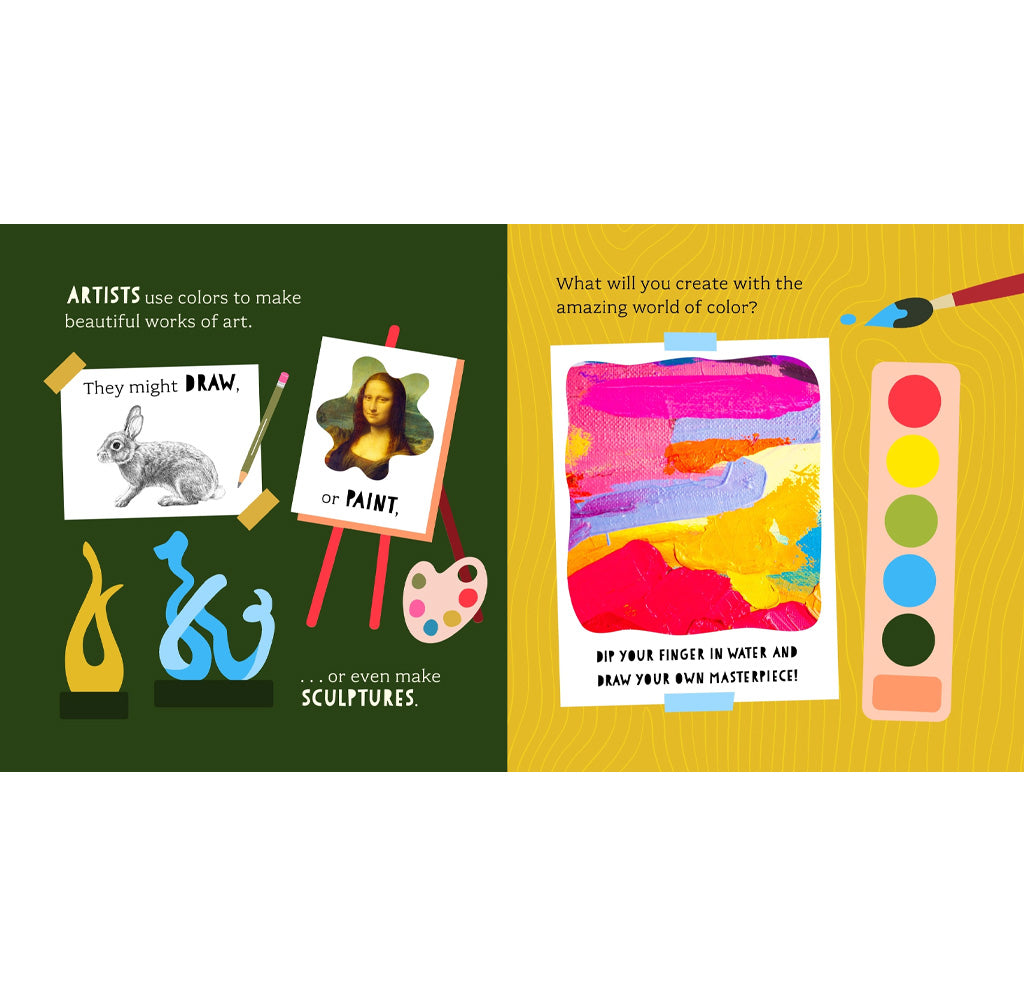 Educational illustration about art creation with color, featuring a rabbit, Mona Lisa, and abstract art.