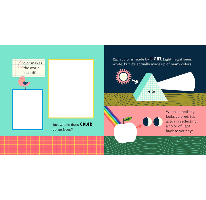 Educational children's book page about color and light with illustrations and text.