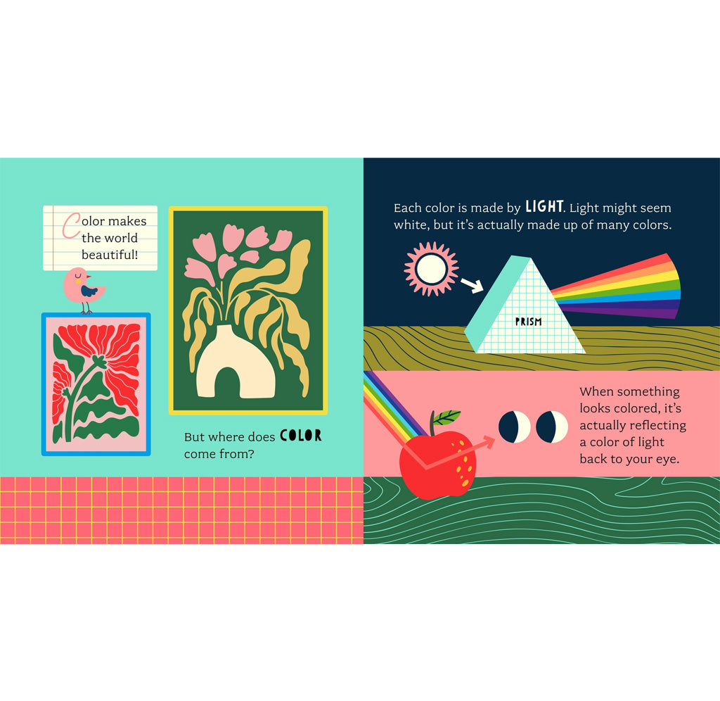 Educational children's book page about colors and light with illustrations and text.